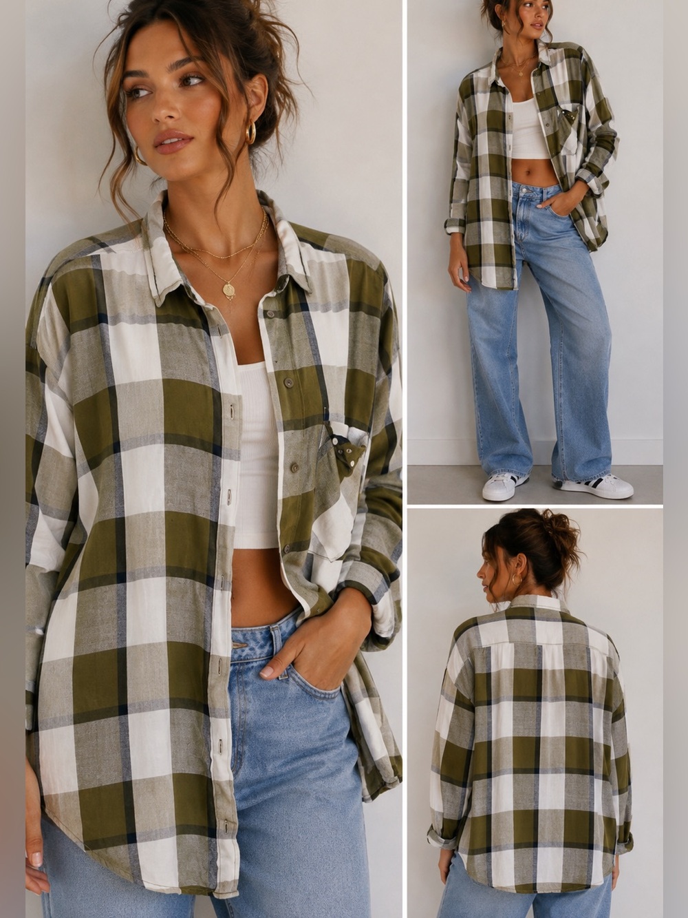 ZARA Oversized Plaid Button Up Shirt Olive Green Check Relaxed Grunge